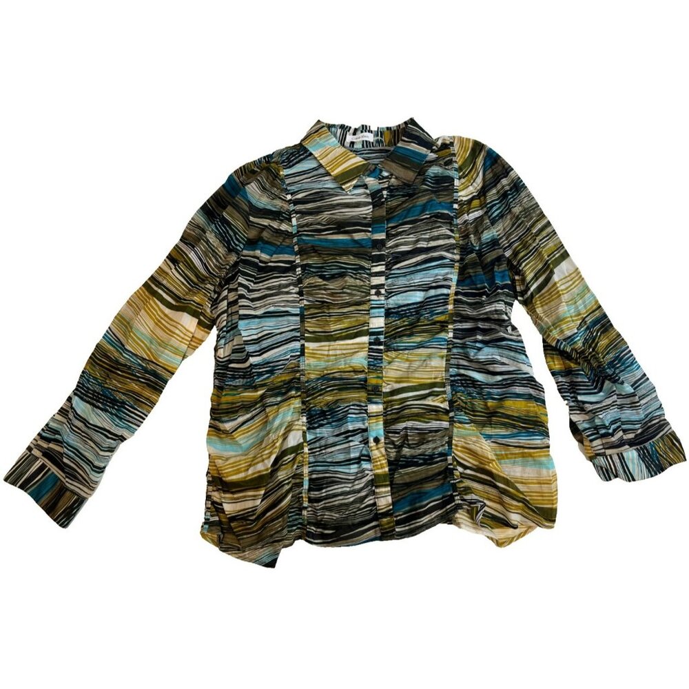 Calvin Klein Women Brown Blue Green Striped Button Down Shirt 2X NEW